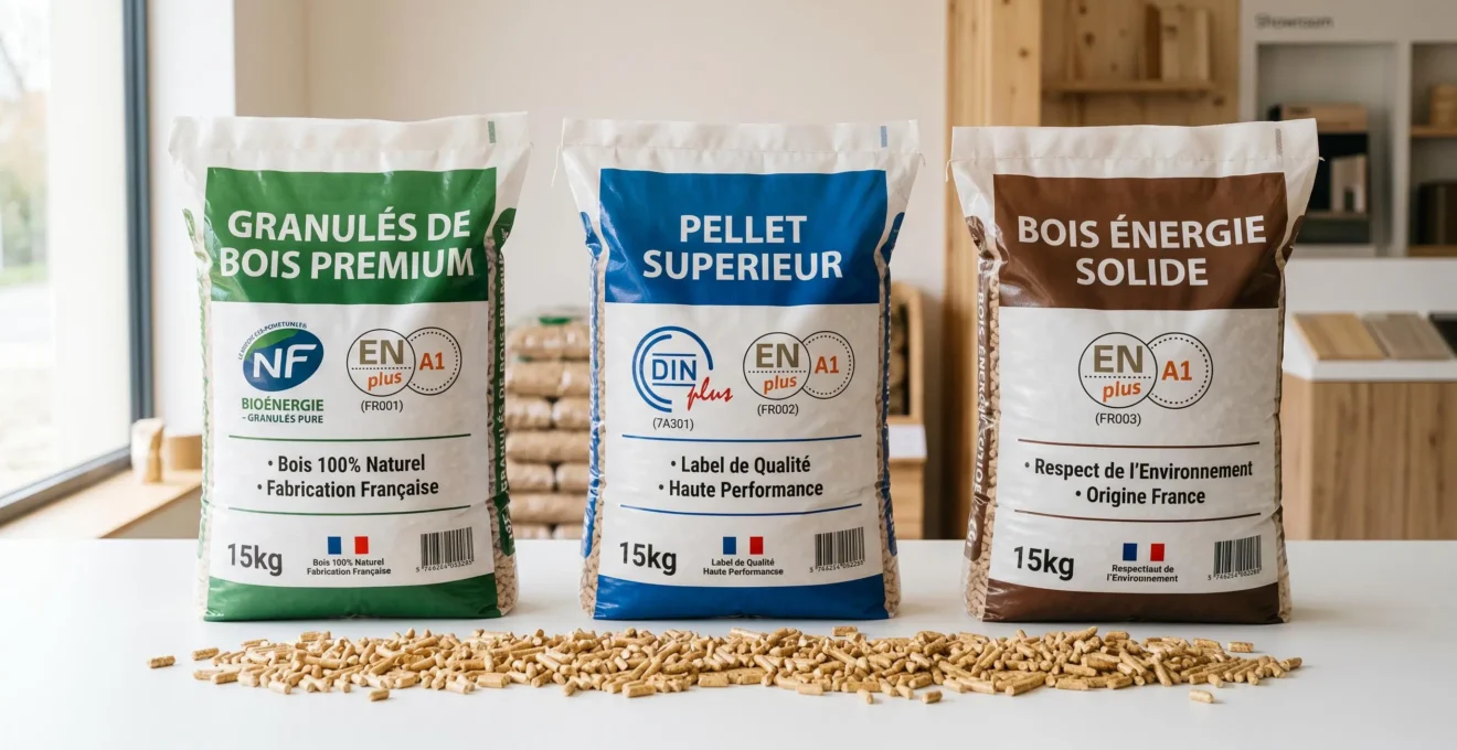 Trois sacs de granulés de bois avec certifications DINplus, ENplus A1 et NF bien visibles, granulés dispersés au premier plan sur surface blanche de comptoir showroom