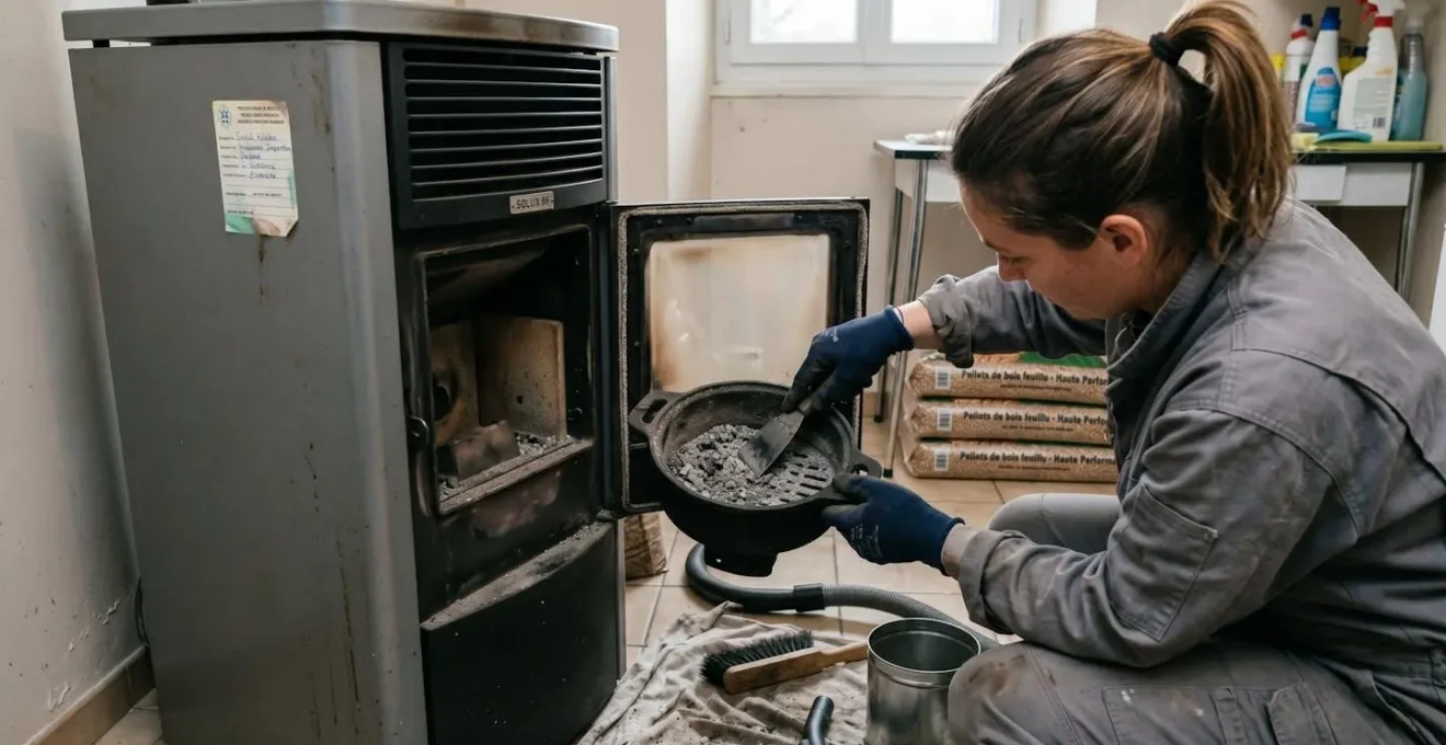 Technicien professionnel nettoyant le creuset d'un poêle à granulés avec raclette métallique, mains gantées en action, cendres visibles dans le creuset, environnement domestique avec lumière naturelle